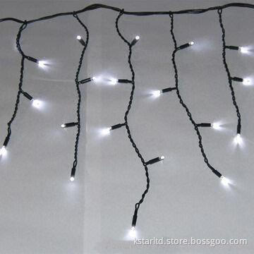 Christmas icicle light with black rubber cable and cool white LED, with male and female connectors